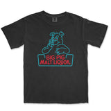 A black short-sleeve t-shirt featuring a blue graphic of a neon-sign style cartoon pig with the text 'BIG PIG MALT LIQUOR' in red.